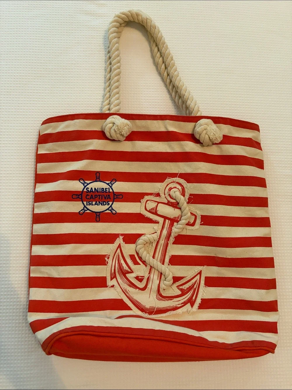 Striped Nautical Anchor Tote Bag - Red & Cream